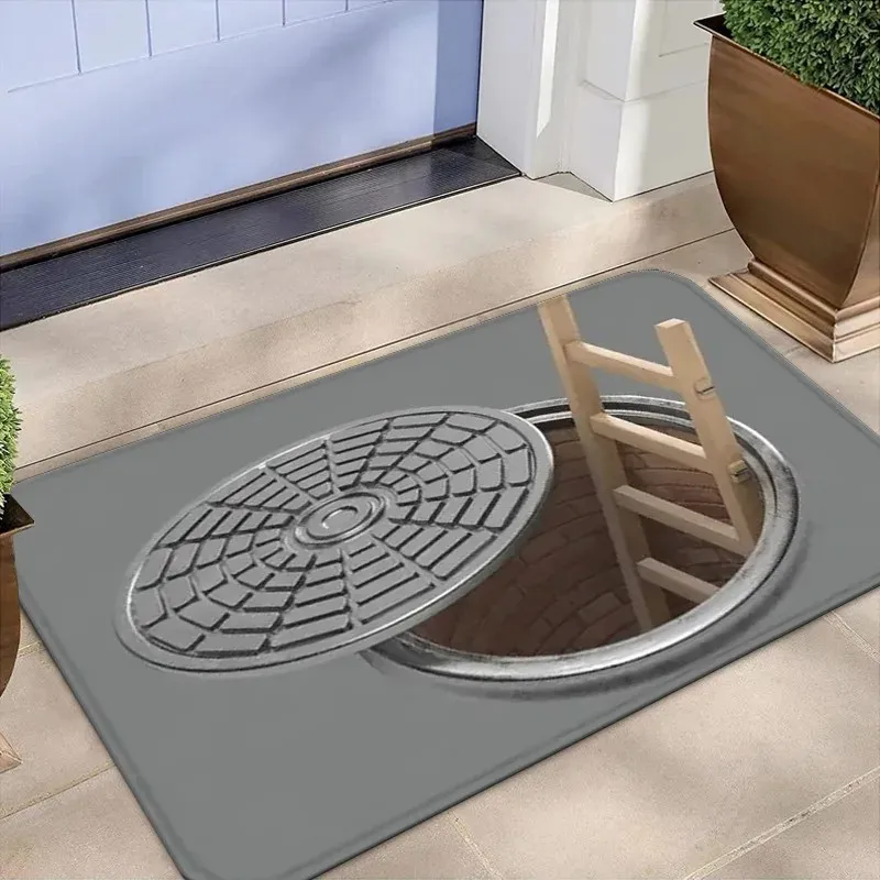 Funny Optical Illusion Manhole Cover Hole Print Doormat Non Slip Absorbent Indoor Outdoor Entryway Decorative Floor Rug Mat