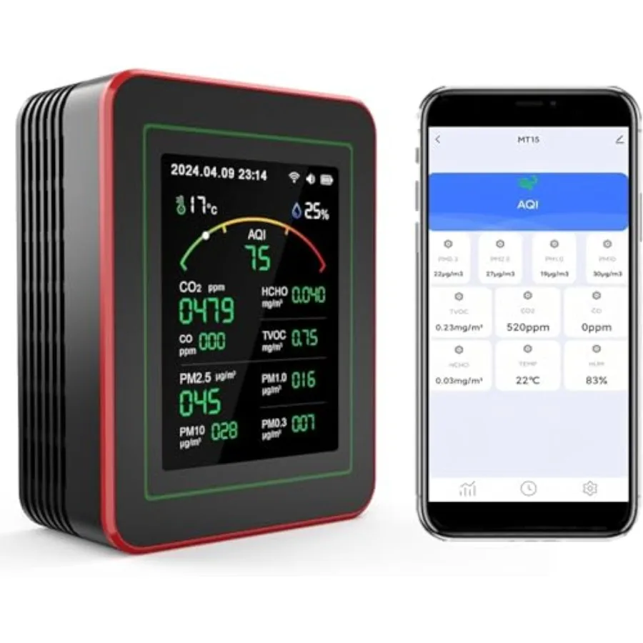 Professional 15-in-1 Air Quality Monitor with Smartphone APP - Dual Chip - Sensors Detect CO2 PM2.5/PM10 HCHO TVOC Real-Time Al
