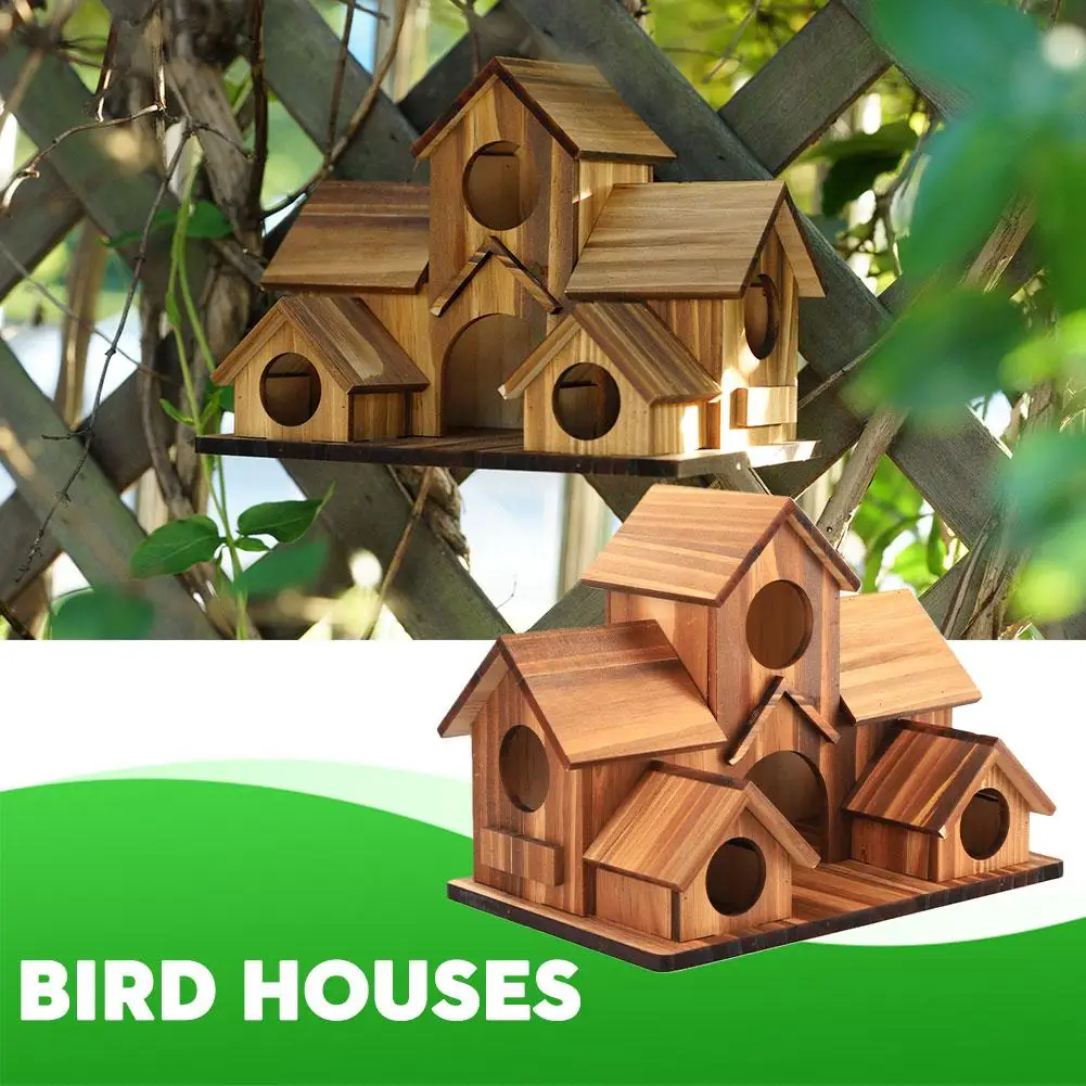 Wooden Bird Houses for Outside Hanging Clearance,5 Hole Handmade Natural Bird House for Backyard/Courtyard/Patio Decor,Large