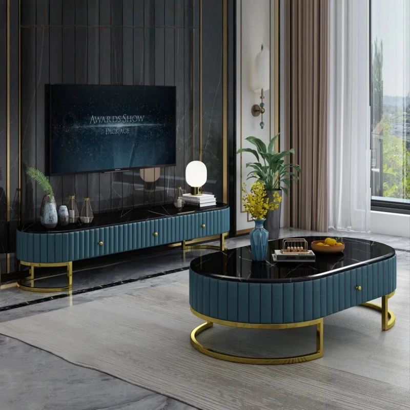Light luxury modern simple small apartment living room floor cabinet marble surface oval TV cabinet