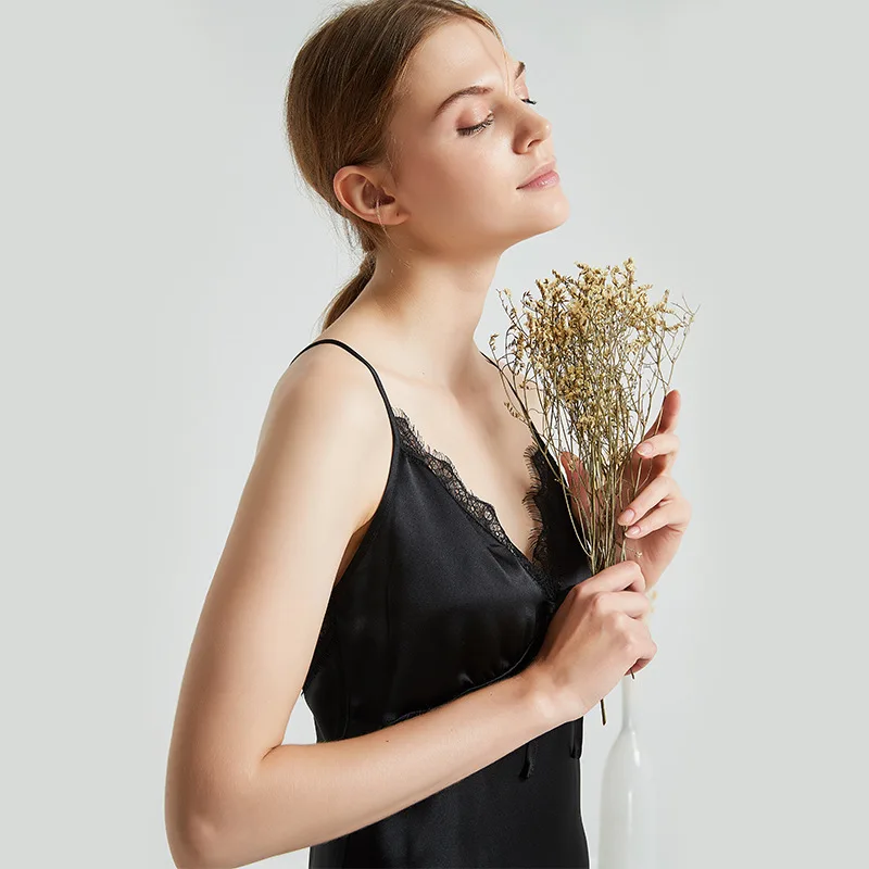 Mulberry Silk Sexy Sling Nightdress Summer Lace Ladies Nightgown Elegant Black Camisola Lingerie Crisscross Night Dress Nighty image 4