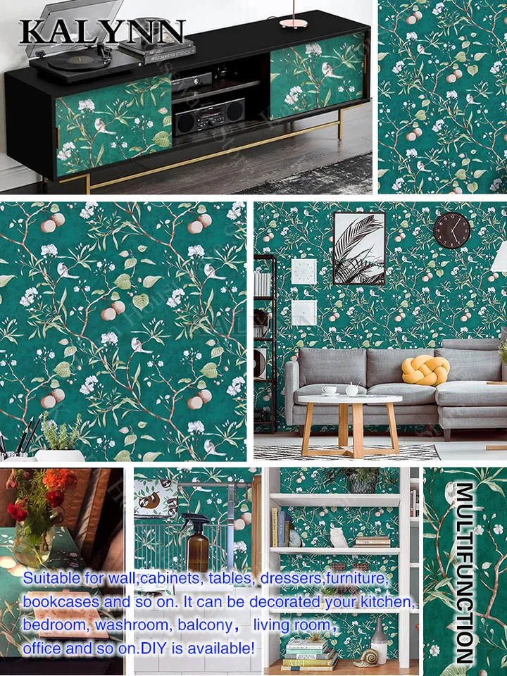 Gold Leaf Peel And Stick Wallpaper – Green Floral Vintage Contact Paper, Removable Self-Adhesive For Cabinets, Walls, Drawers (17.5” X 118”)