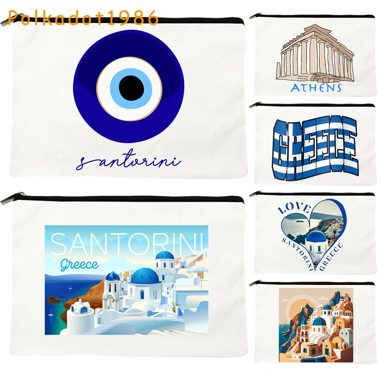 

Love Athens Greece Santorini Oia Island Heart Landscape Cute Travel Art Gifts Canvas Cosmetic Bags Toilet Makeup Bag Pencil Case