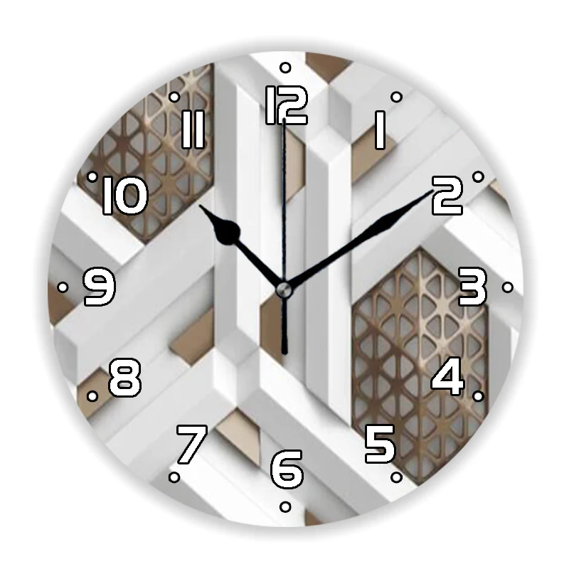 Trendy 3D Minimalism White Marble Brown Metal Mosaic Wall Clock Modern Living Room Metallic Wall Watch Bedroom Office Decor Gift