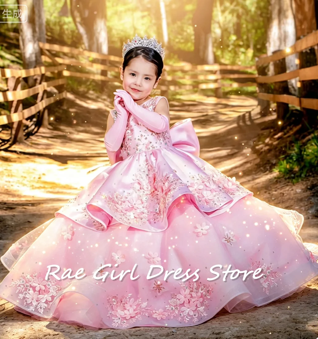 Pink Organza Flower Girl Dress Sleeveless Rhinestone 3D Daisy Floral Applique Oversized Side Bow A Line Ball Gown For Birthday