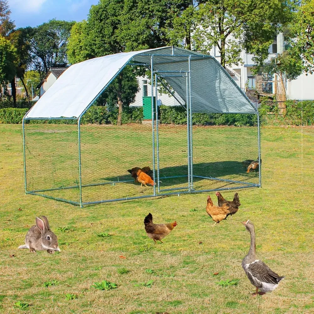 

large metal chicken coop, outdoor walk-in chicken run cage hen house with waterproof & anti-uv cover for backyard farm garden, c