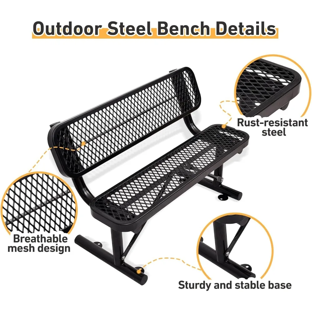 Сверхмощная парковая скамейка длиной 4 фута со спинкой, портативной рамой, уличная металлическая парковая скамейка со спинкой, уличная скамейка со стальной сеткой для сада,