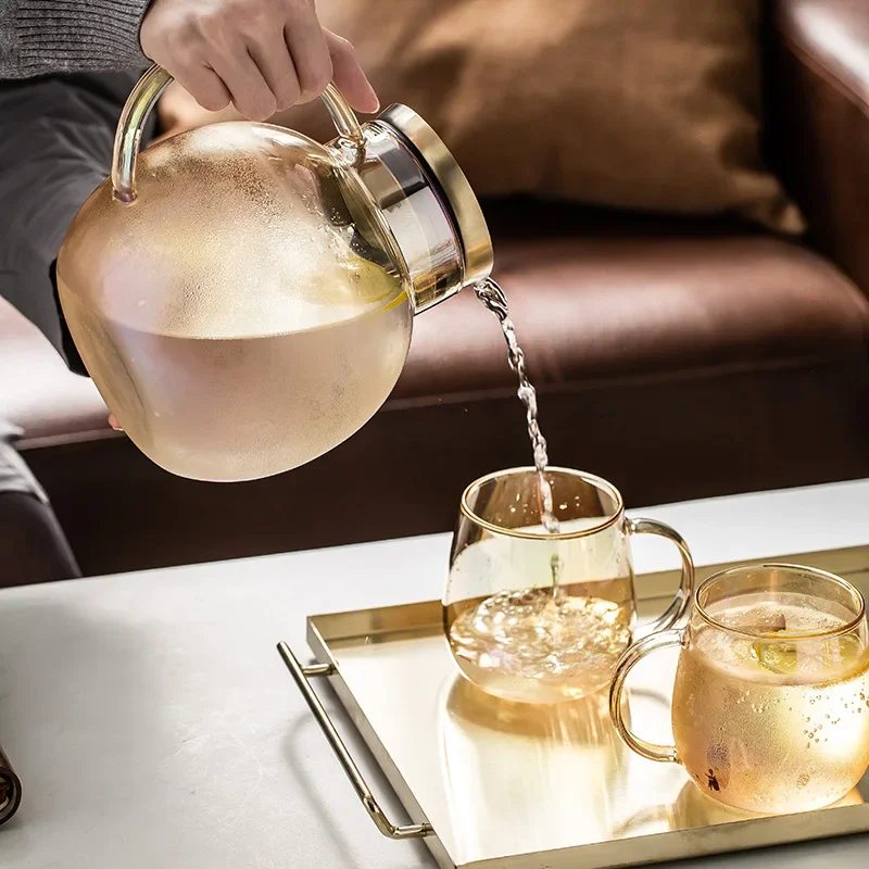 LingAo-Creative Colorful Glass Cold Drink Kettle, Heat Resistant Tea Cup, Juice Juicer with Handlebar Set