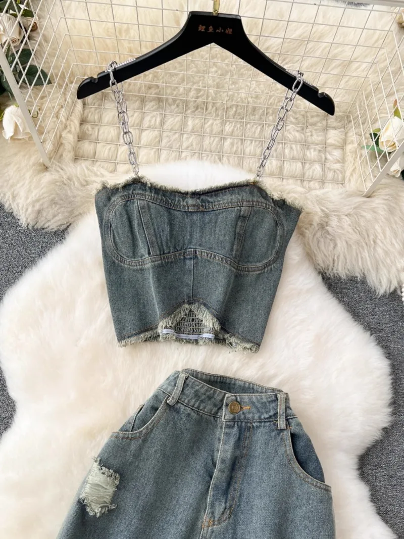 New All-match Hole 2 Piece Sets Women Niche Chains Tanks Tops + Wide Leg Pantalones Mujer Vintage Spicy Girl Denim Suit