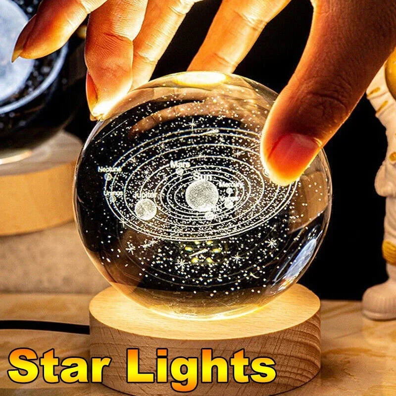 3D Laser Engraving Luminous Crystal Ball Creative Ornaments Cosmic Galaxy Desk Decor Wooden Base Gift Box Friend Birthday Gifts