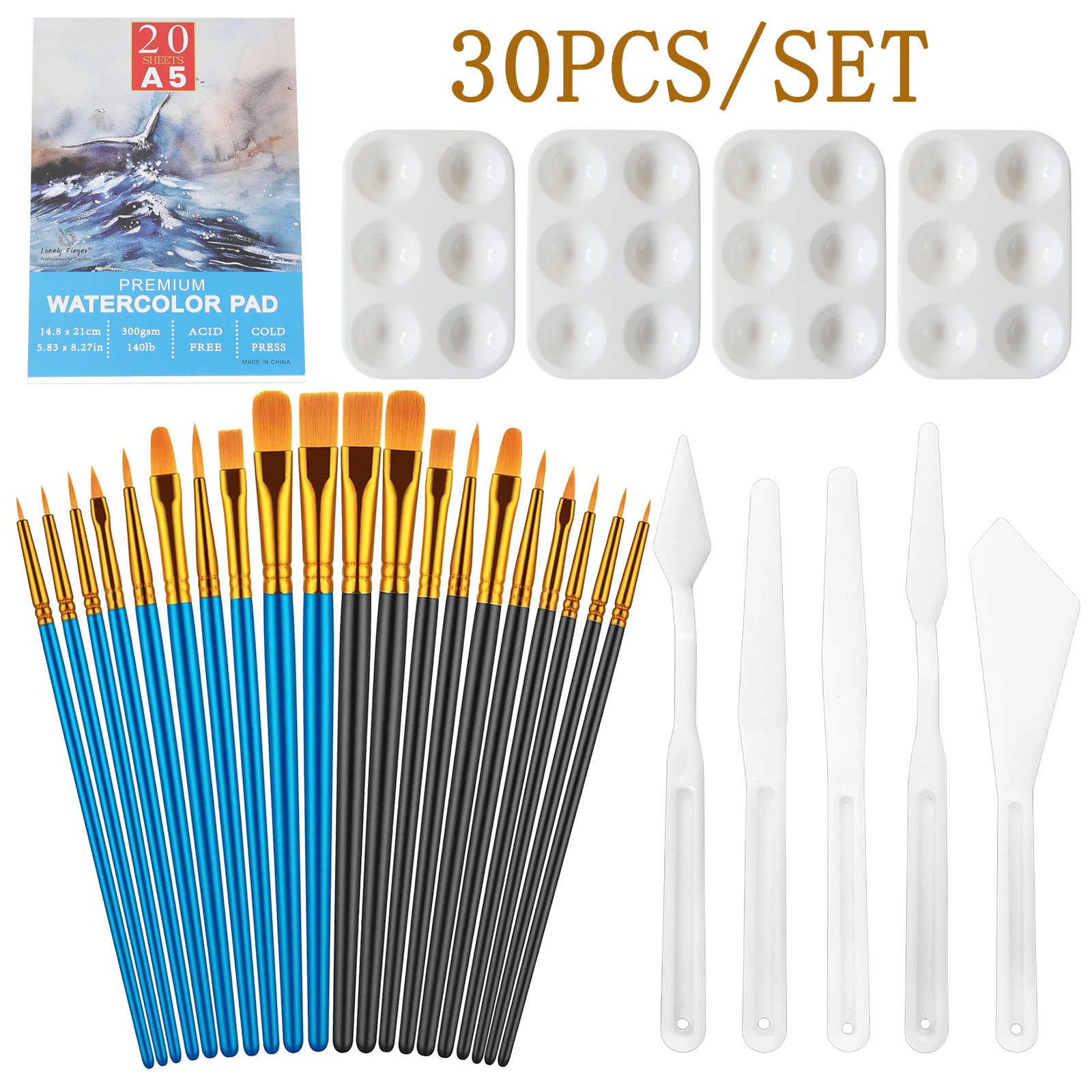 

30pcs Watercolor Painting Value Kit, Include 20 Artist Paint Brushes, 1 Watercolor Paper Pad, 4 Small 6-well Palettes