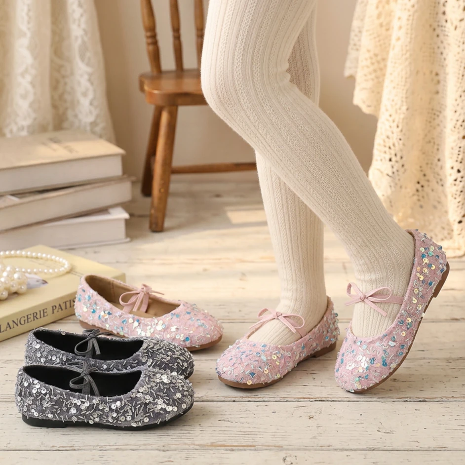 Little Girls Sparkly Sequins Ballet Flats 2026 New Autumn Toddler Strappy Leather Shoes Soft Sole Trendy Princess Party Wedding