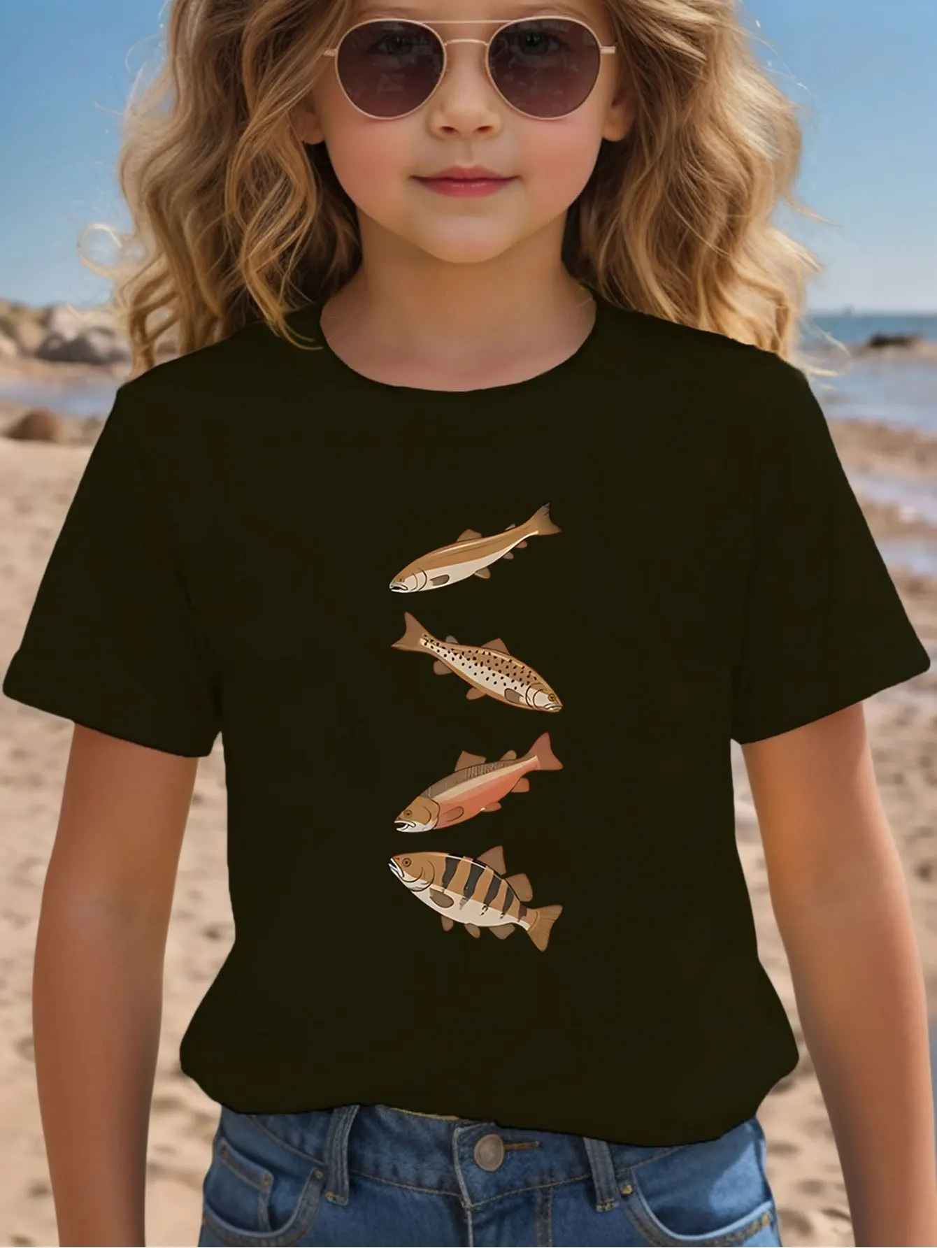 Cartoon Four Freshwater Fish Vertical Print Kids T Shirt Boys Girls Family Matching Parent Child Summer Crew Neck Casual Tee