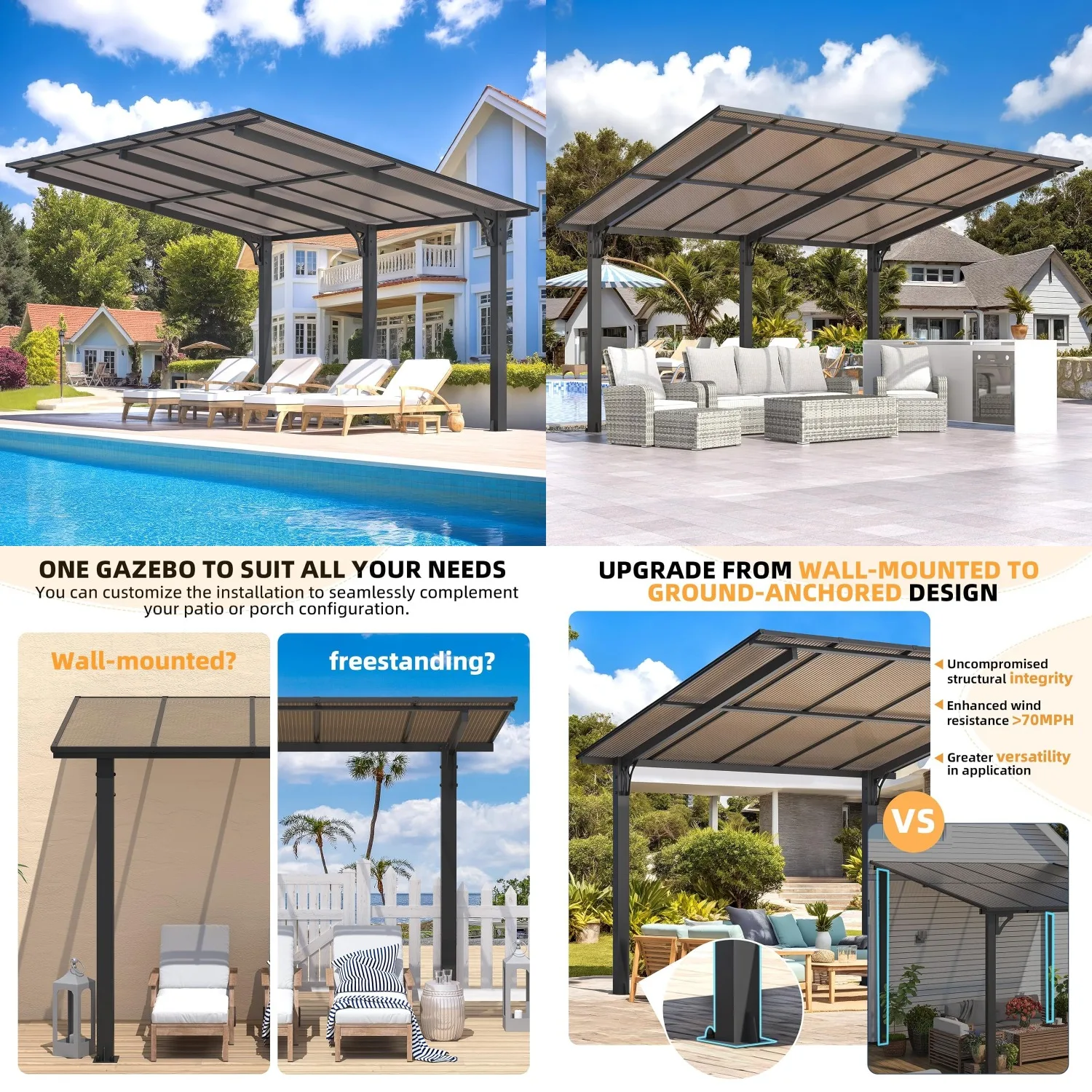 

Беседка 14' x 10' для патио, беседка-пергола с жесткой крышей, навес для автомобиля, отдельно стоящие перголы и беседки, на заказ