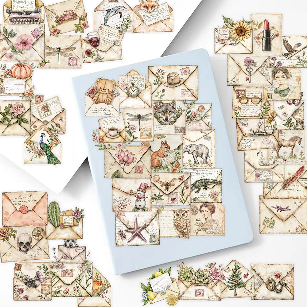 10/30/50pcs Cartoon Plant Animal Envelope Stickers Transparent Vintage Aesthetic Sticker Laptop Suitcase Phone Decals Toy Gift