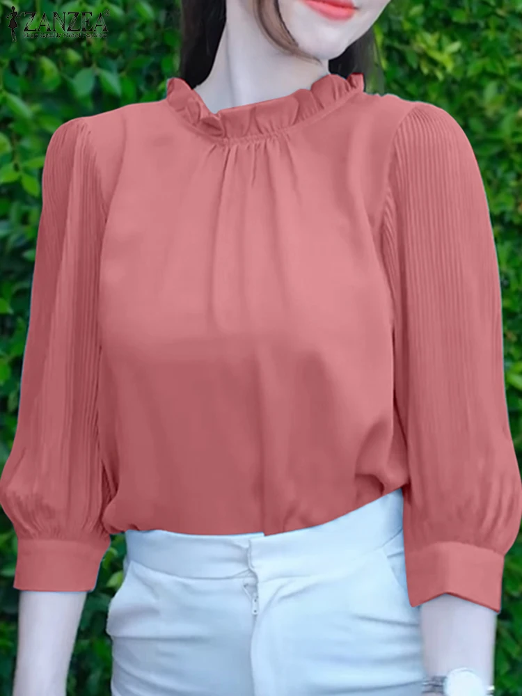 ZANZEA Women Elegant Blouses 2025 Autumn 3/4 Puff Sleeve Pleated Fashion Tops Casual Stylish Shirts Ruffled Solid Color Blusas