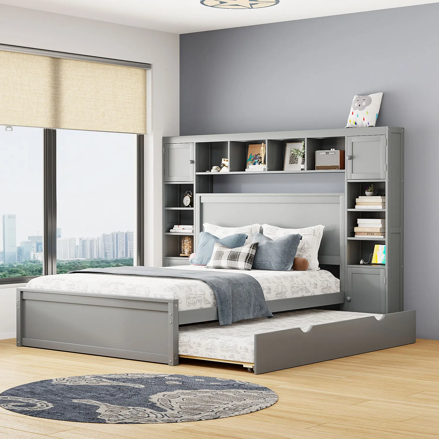 Gray Queen Size Wooden Bed with Cabinet, Shelf, Sockets - All-in-One Solution