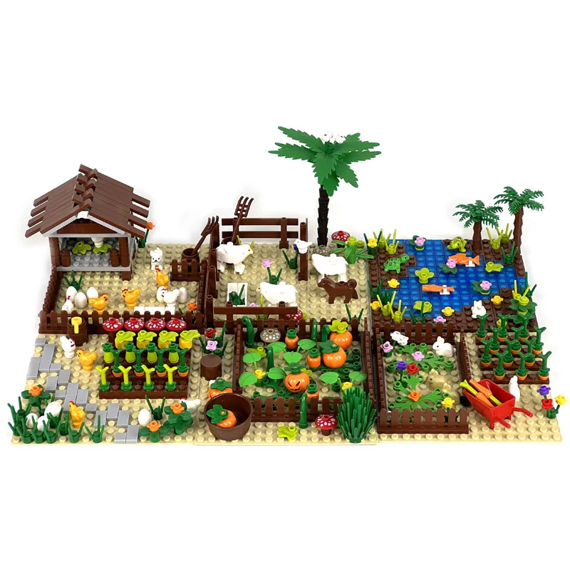 MOC scene Pumpkin field chicken nest turtle fish pond chicken farm DIY assembling small particle building blocks