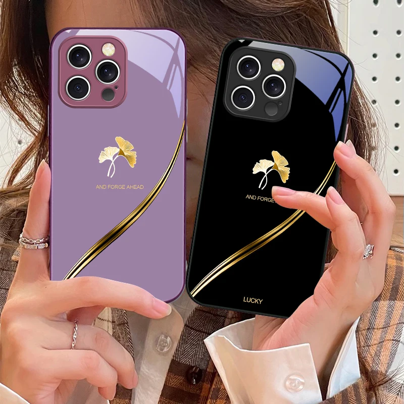 

Gold foil ginkgo leaves For iPhone 16 E 15 14 13 Plus 12 mini 11 Pro Max XR Xs Max 16E X 7 8 6 6S 2022 Tempered Glass Phone Case