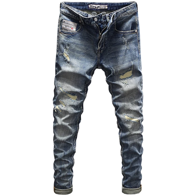Newly Designer Fashion Men Jeans Retro Blue Elastic Stretch Slim Ripped Jeans Men Patchwork Vintage Casual Denim Pants Hombre