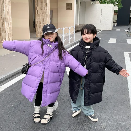 어린이용 무릎 길이 후드 코트, 중간 길이 다운 재킷, 한국 아우터, 키즈 코트, 가을 겨울 패션 스타일, 신상 