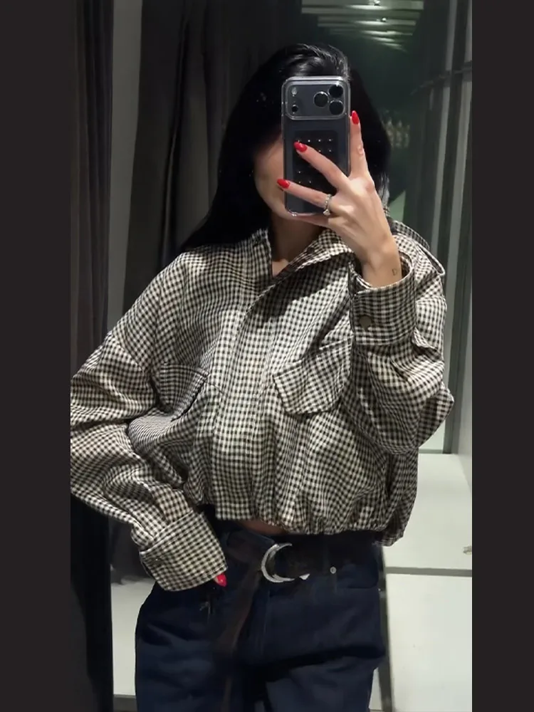 Plaid Turn-down Collar Women Jacket Short Loose Full Sleeve Lady High Street 2026 Spring Autumn Fashion Casual Female Coat