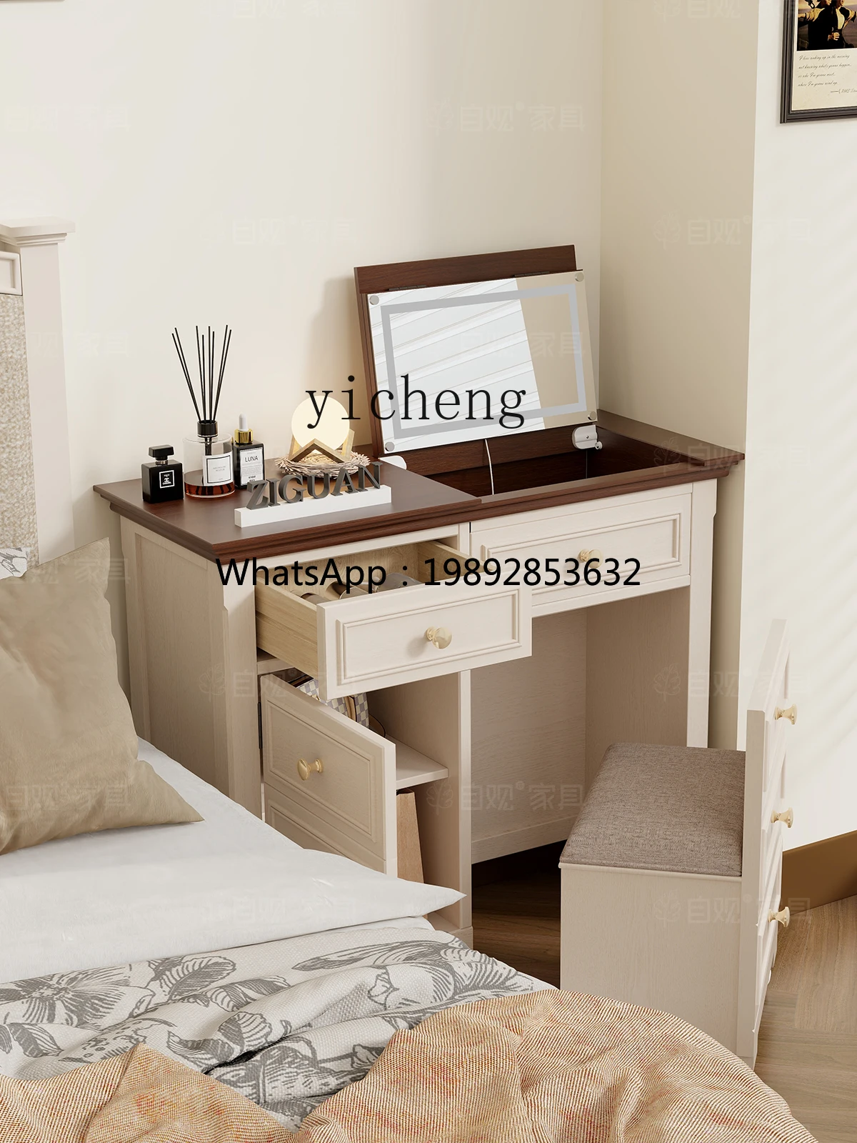 Cream Style Dressing Table Mid-Ancient Light Luxury Dresser Milk Brown Desk Storage Cabinet Integrated
