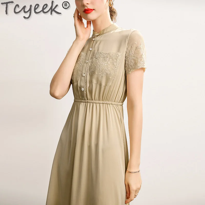 Tcyeek 92.3% Mulberry Silk Dresses High-end Midi Dress Summer Women's Dress Elegant Dresses for Women Dress 2024 Lace Splicing