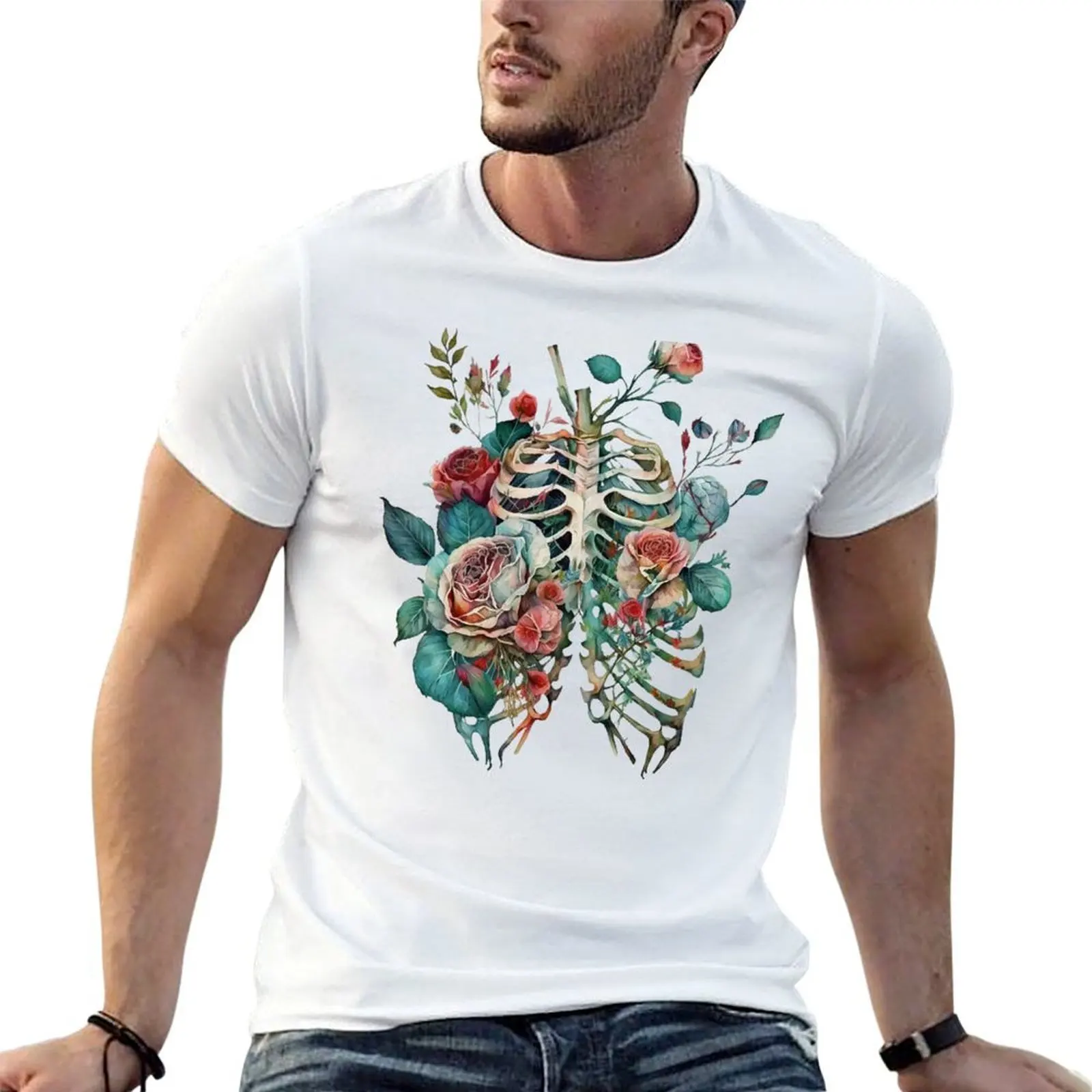 

Floral Anatomy: A Ribcage Full of Watercolor Roses T-Shirt cotton tshirt 100% t shirt man designer funny t shirts cotton T-shirt