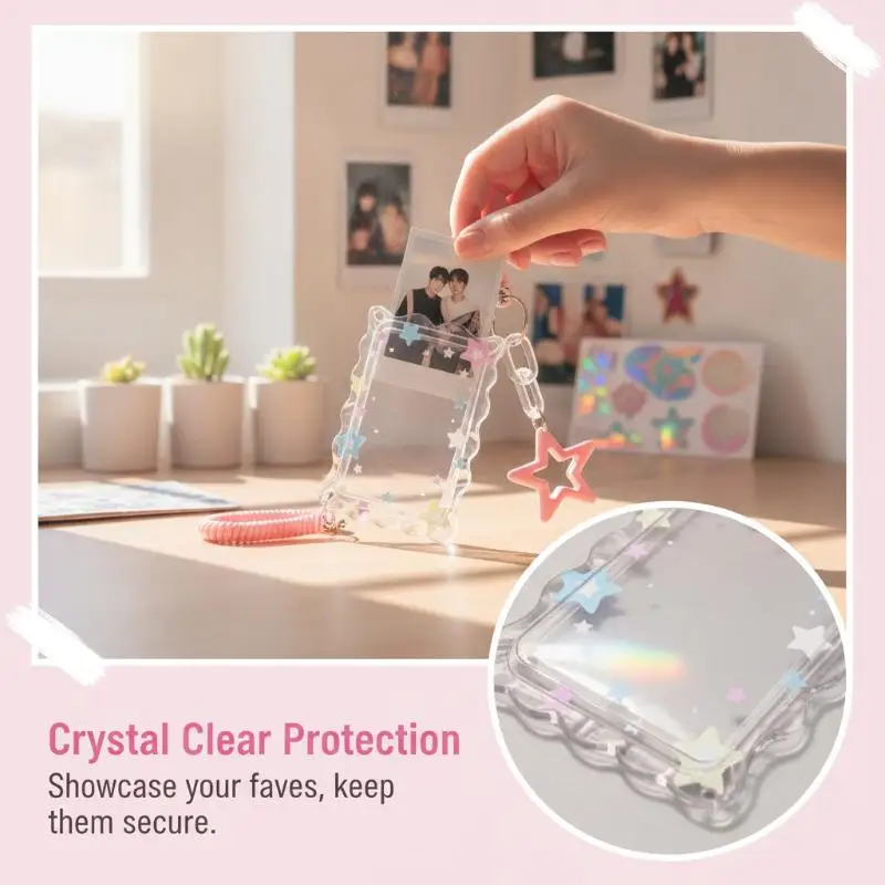 1pcs Star Photocard Holder With Spring Coil Strap Hollow Star Charm Kpop Photo Card Sleeve ID Card Display Protector Case