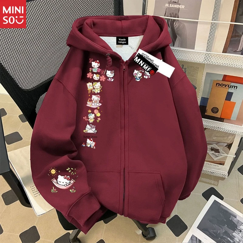 

Толстовка Miniso Grey White Hello Kitty, флисовая молния 2025 года, корейский свободный кардиган