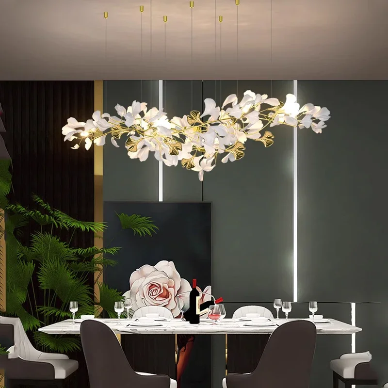 Nordic Luxury Ceramic Acrylic Ginkgo Leaf Chandelier Home Decor Hanging Light Fixture Living Dining Room Bedroom Pendant Lamp