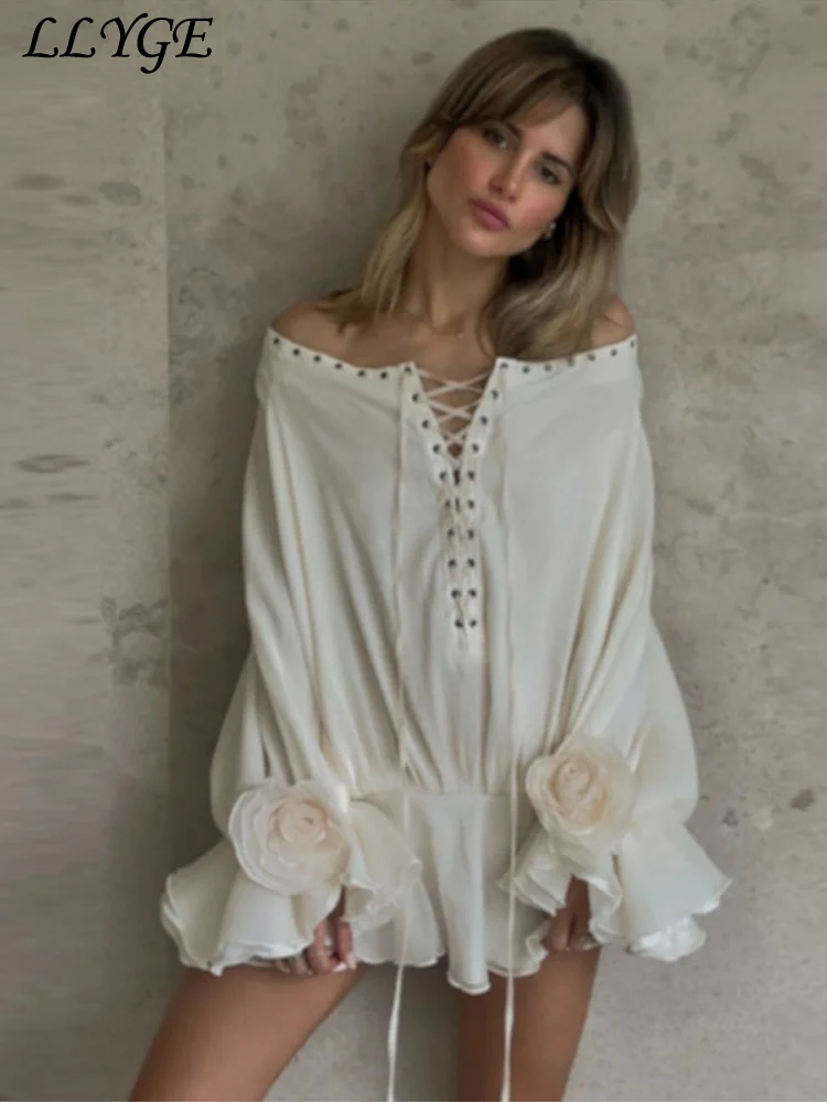 

Elegant 3d Flower Ruffle Short Dress Women Lace Up Slash Neck Flare Sleeve Pleated A-line Dresses 2025 Summer Lady Party Robes