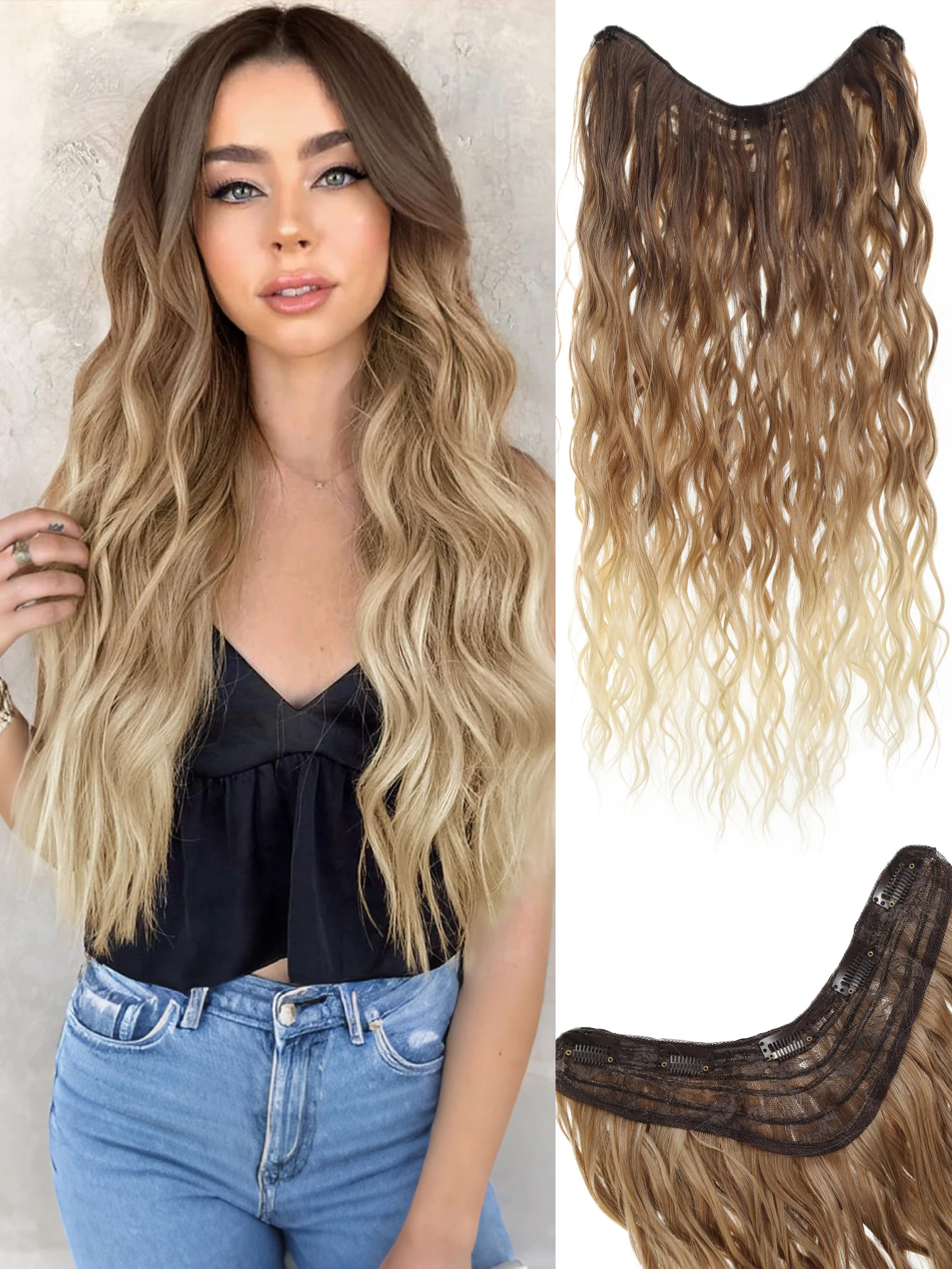 

Синтетические V-образные накладные волосы, 24 дюйма, длинные, с эффектом водной волны, для девочек и женщин, для полной головы, кудрявые, накладка для волос