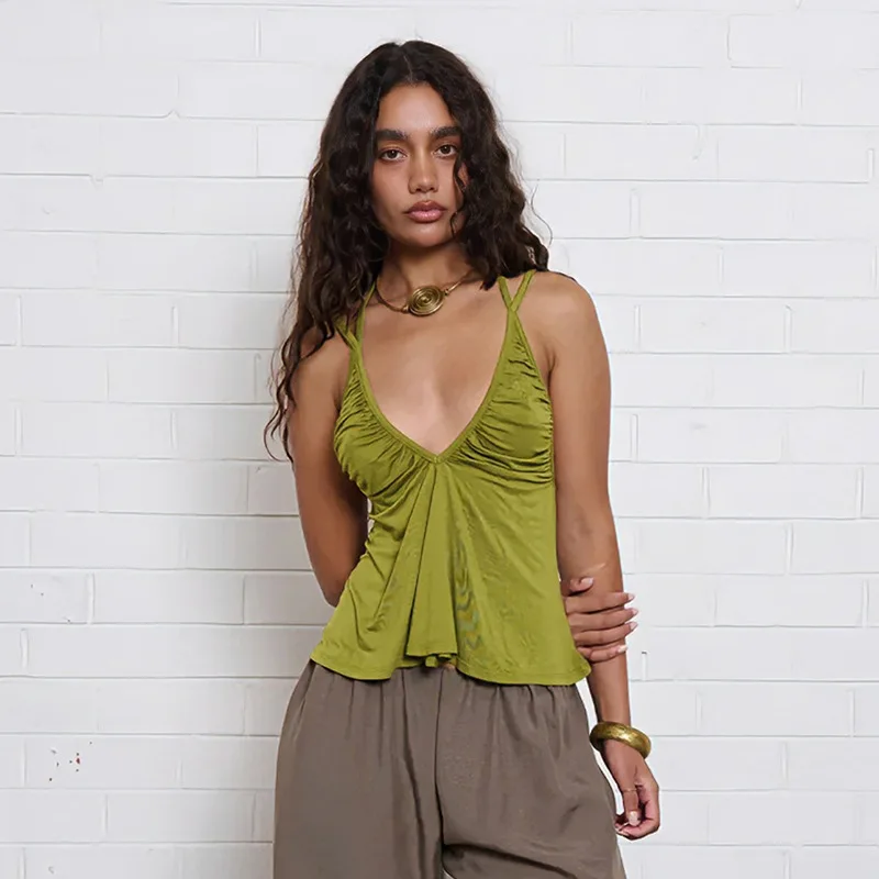 

STYLISH LADY Solid Green Halter Cami Top 2026 Summer Women Strap V Neck Ruched Flare Hem Sleeveless Sexy Club Street Crop Top