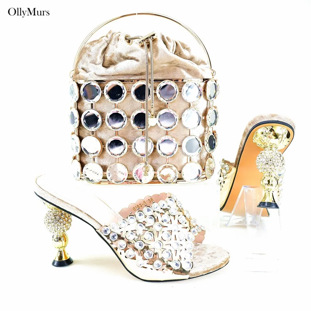 

High Quality New High Heels Shoes And Bag Set Fashion Italian Crystal Woman Sandals Shoes And Bag Set For Evening Party