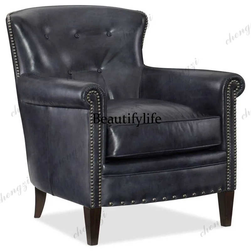 American living room vintage single sofa chair, simple genuine leather wax leather balcony lounge chair