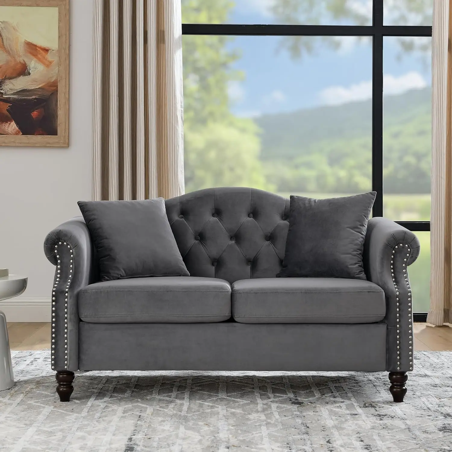 Chesterfield Velvet Combination Sofa for Living Room,3-Seater and Loveseat Tufted Couch with 4 Pillows,Rolled Arms and Nailhead