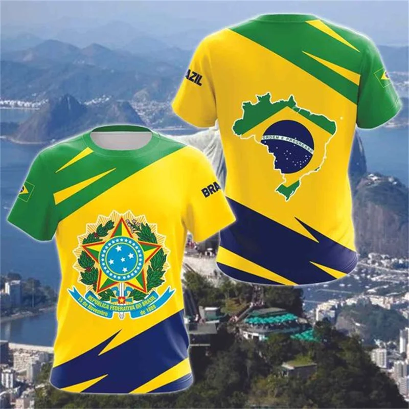 Brazilian Flag Printed T-shirt Men's Brazilian Football Style Top Summer Mens Football Training Shirt Quick Drying Men's T-shirt