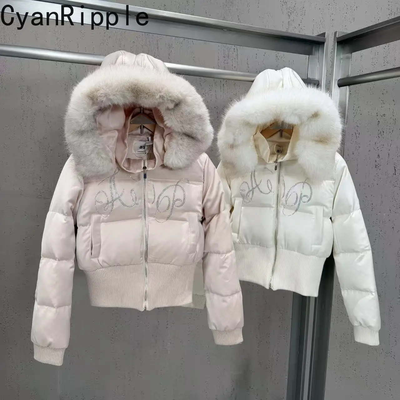 2026 New Autumn Winter Letters Hot Diamonds Hooded Wadded Jacket Thread Slimming Women Long Sleeve Duck Down Coat Warm Parkas
