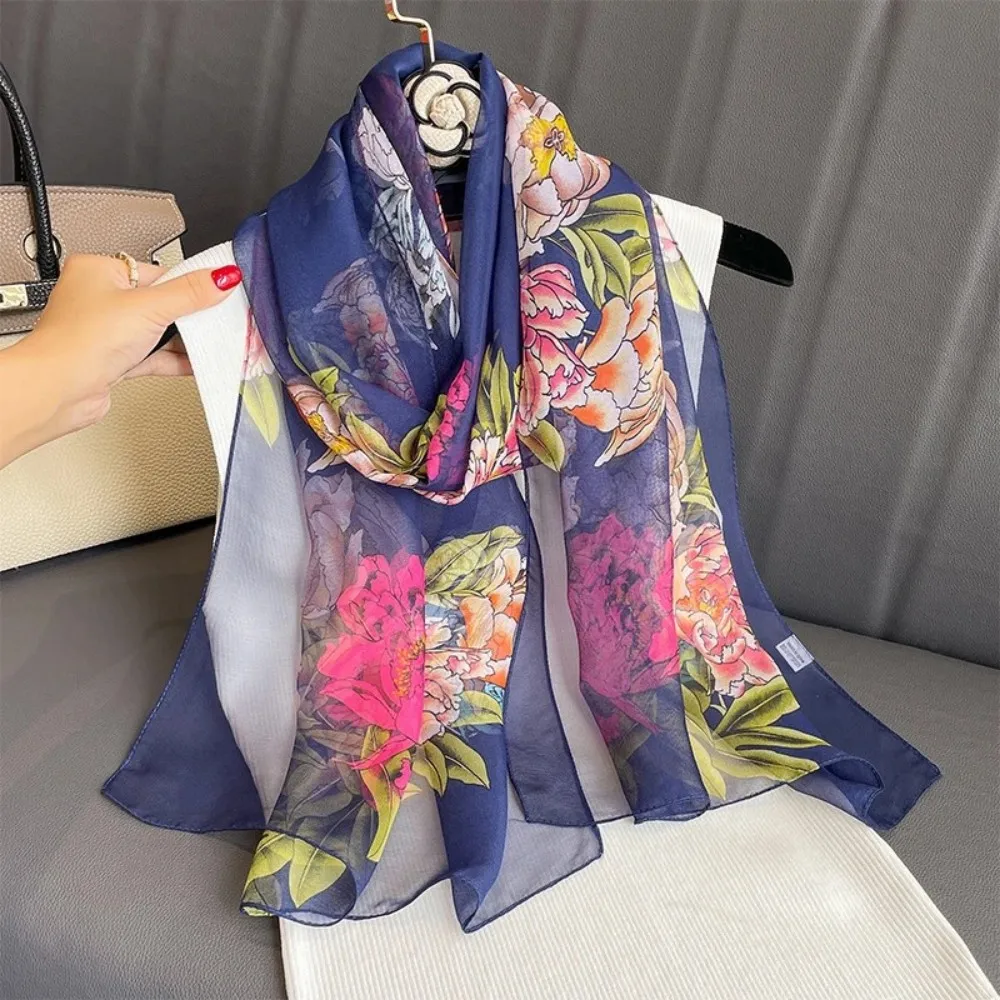 Floral Chiffon Scarf for Women - Lily & Peony Print, 160cm Lightweight Shawl, Elegant Beach Wrap, Boho Headscarf & Hijab