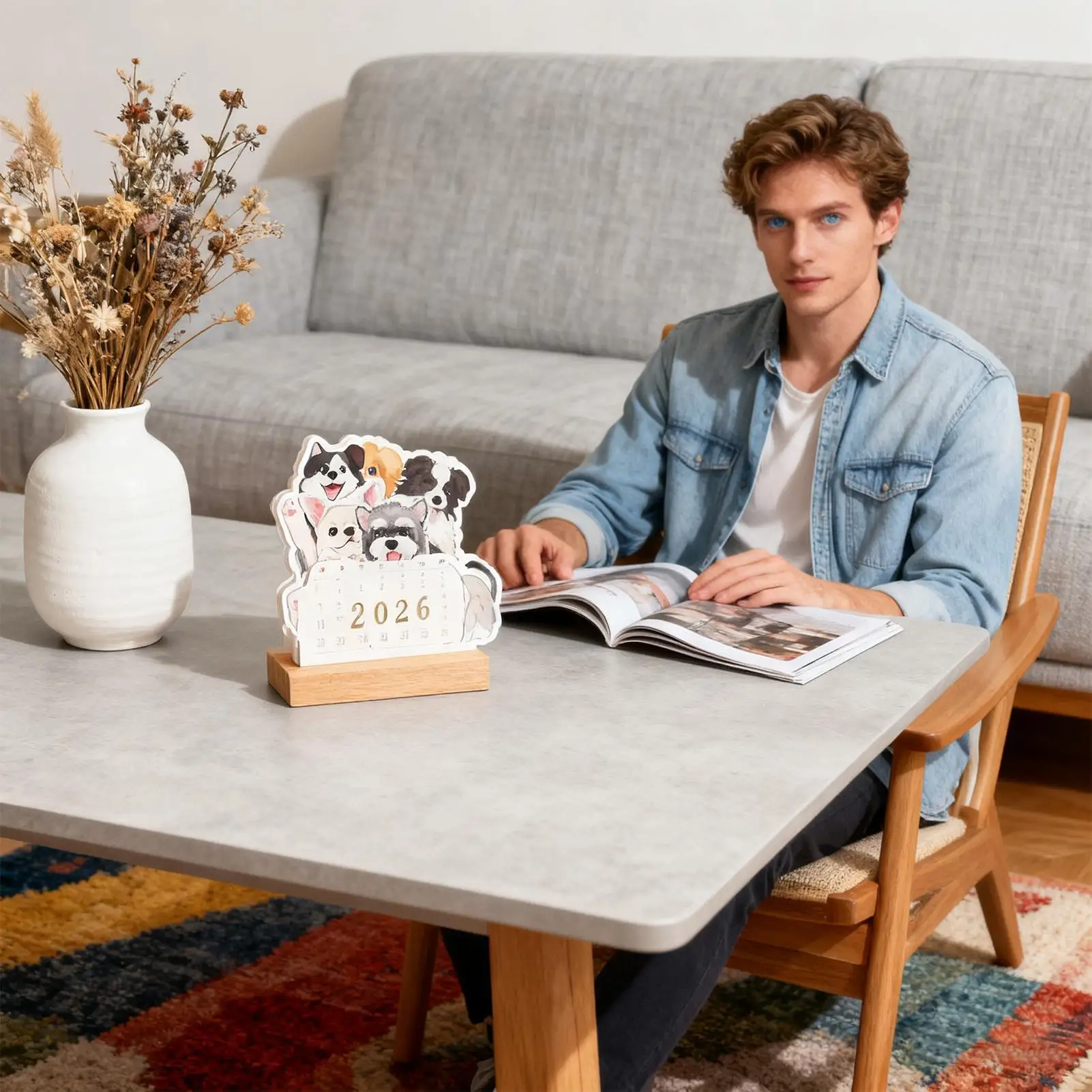 

Календарь для собак на 2026 годы, ежемесячный планировщик с деревянной подставкой, 12 карточек для щенков, забавный календарь для детей, взрослых, семейный рабочий стол, школа