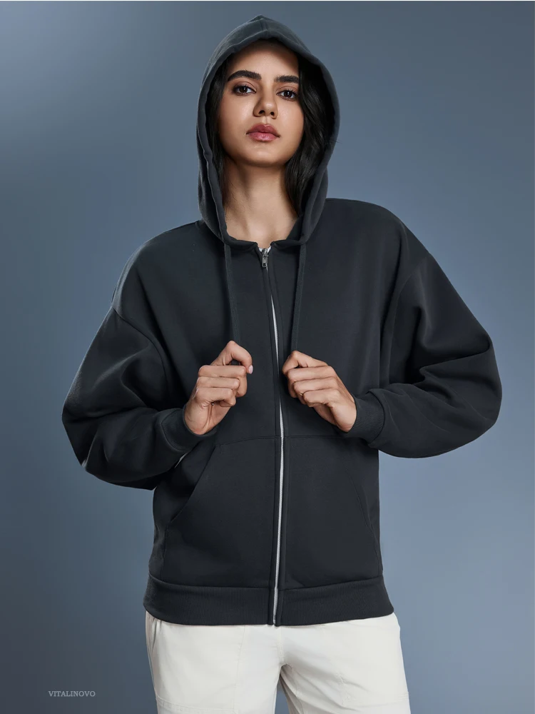 VITALINOVO Damen-Herbst-Kapuzenpullover mit Reißverschluss, Sweatshirts, Fleece-gefütterte Winterjacke mit Kapuze und Kordelzug, locker sitzende Trainingsjacken, Oberteil – Detail 4