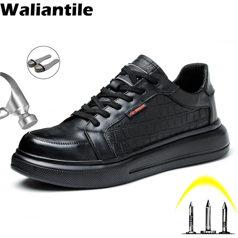 Waliantile Waterproof Safety Shoes For Men Genuine Leather Industrial Working Boots Steel Toe Puncture Proof Indestructible Shoe