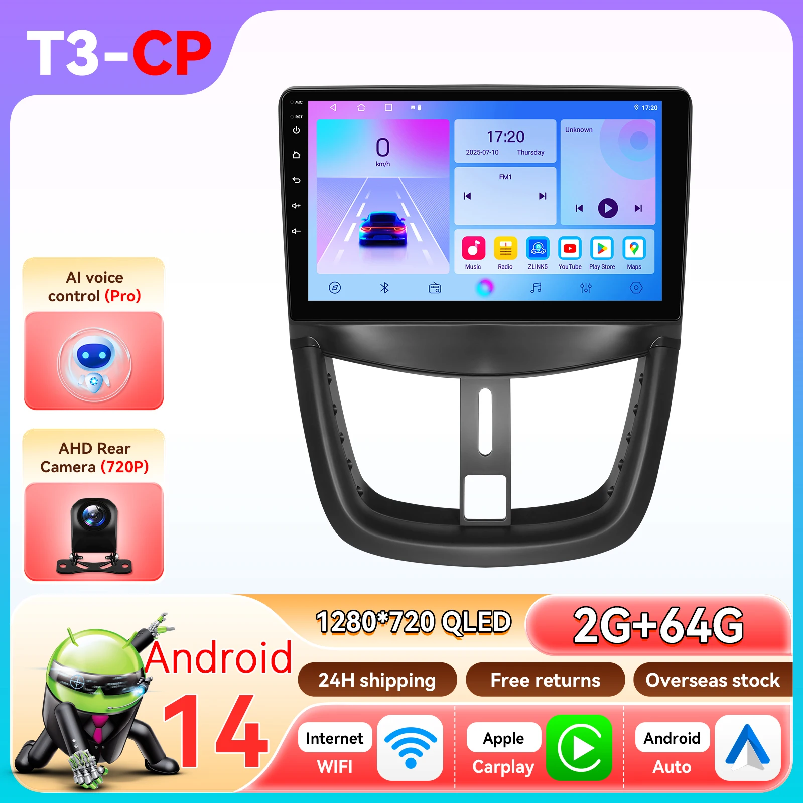 Hizpo Autoradio Autoradio Voor Peugeot 207 207CC 2006-2015 Draadloze Carplay Android Auto 2Din GPS Stereo 360 camera Snapdragon 6115