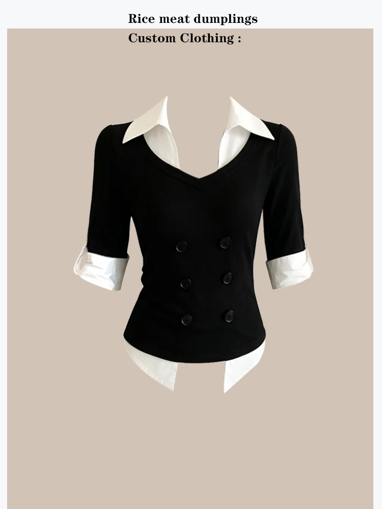 

Unique Black Fake Two-Piece Shirt Stylish Commute Korean Style Cotton Polyester Blend Shoulder-Length Sleeve Flip Collar Wome...