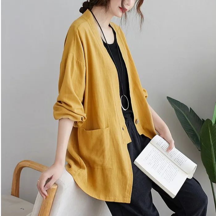 

Loose Cotton Linen Jacket Women Spring Autumn Casual Thin Long Sleeve Shirt Large Size One Button Elegant Temperament Cardigan