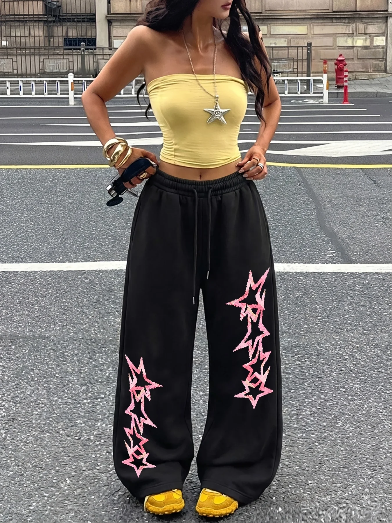 Pink and white gradient star pattern printed street casual sports pants American casual trend unisex straight leg pants