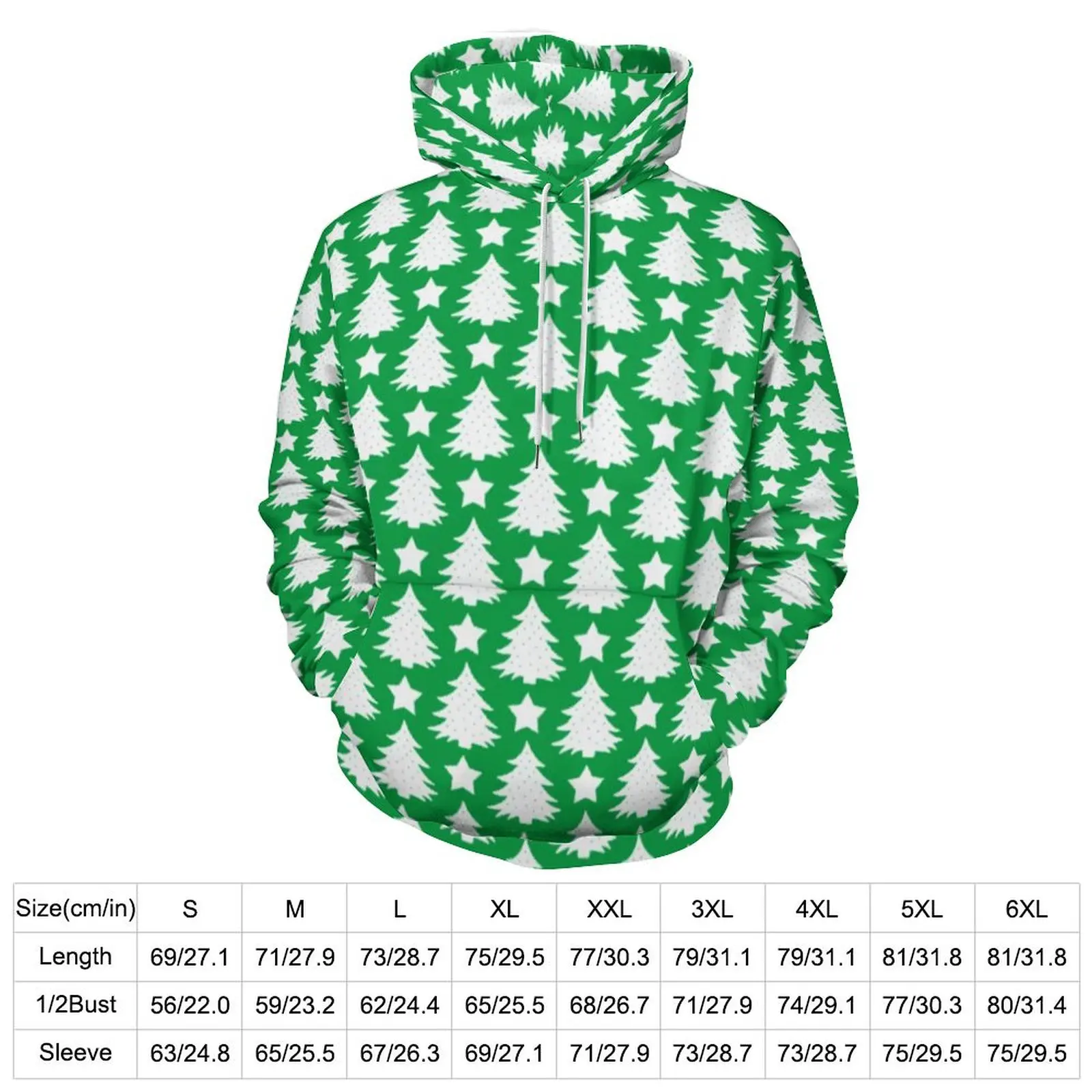 Whimsical Christmas Tree Casual Hoodies Long Sleeve Star Green White Pretty Hoodie Winter Fashion Oversize Hooded Sweatshirts