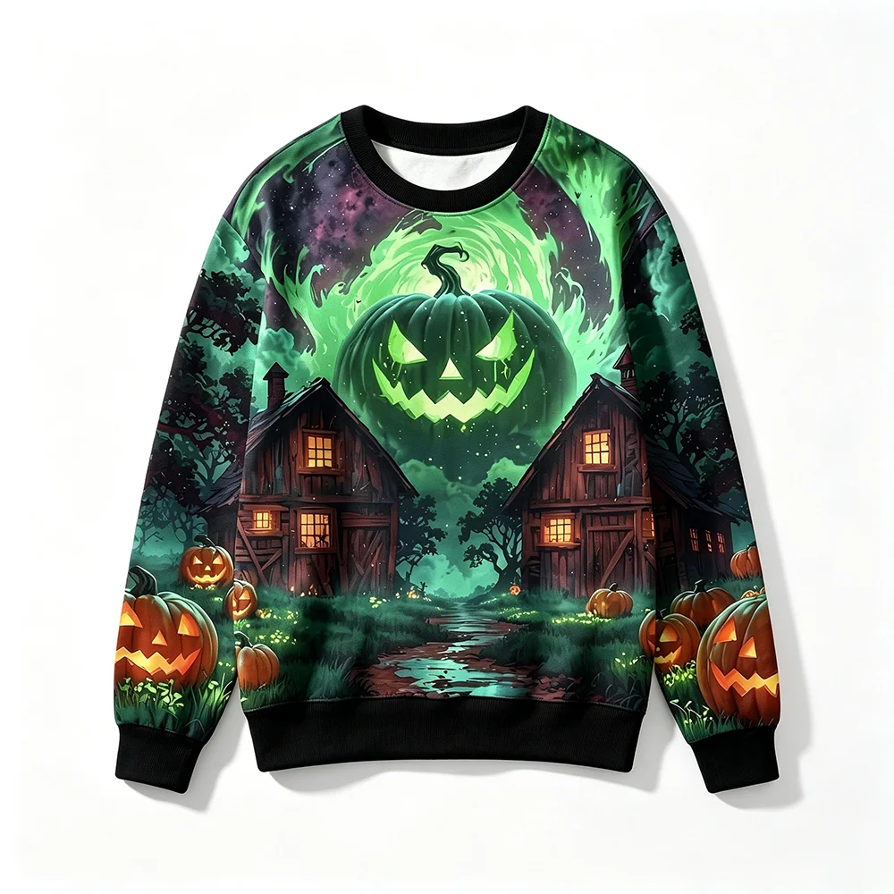 Men's Halloween Pumpkin Print Sweatshirt Street Vintage Horror Farm Crew Neck Pullover Unisex Casual Party Long Sleeve Tops